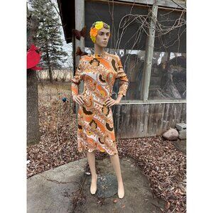 60s Groovy Print Knit Belted Shirt Dress 100% Virgin Wool Long Sleeve Orange Yel